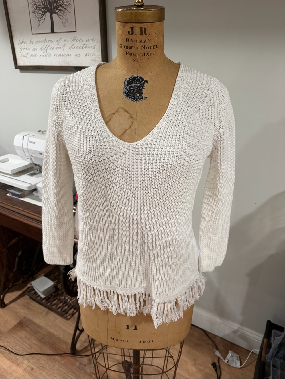 LOFT Cream V-Neck Fringe-Hem Sweater